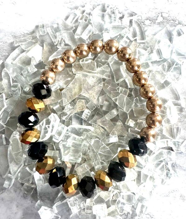 Black & Gold Beaded Stretch Bracelet