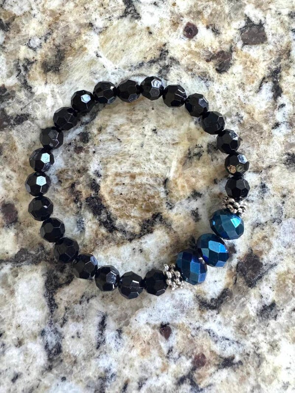 Black Faceted Bead Bracelet with Blue Accent Crystals