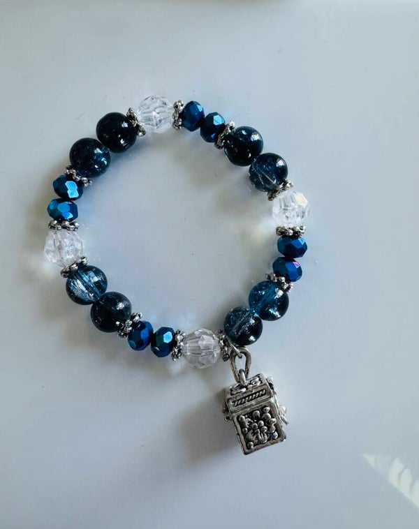 Blue Crystal Charm Bracelet with Silver Box Pendant