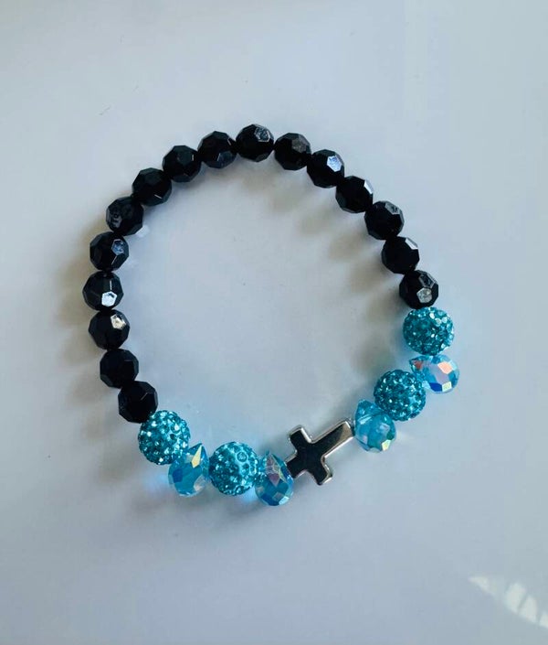 Black and Aqua Crystal Beaded Bracelet with Cross Accent