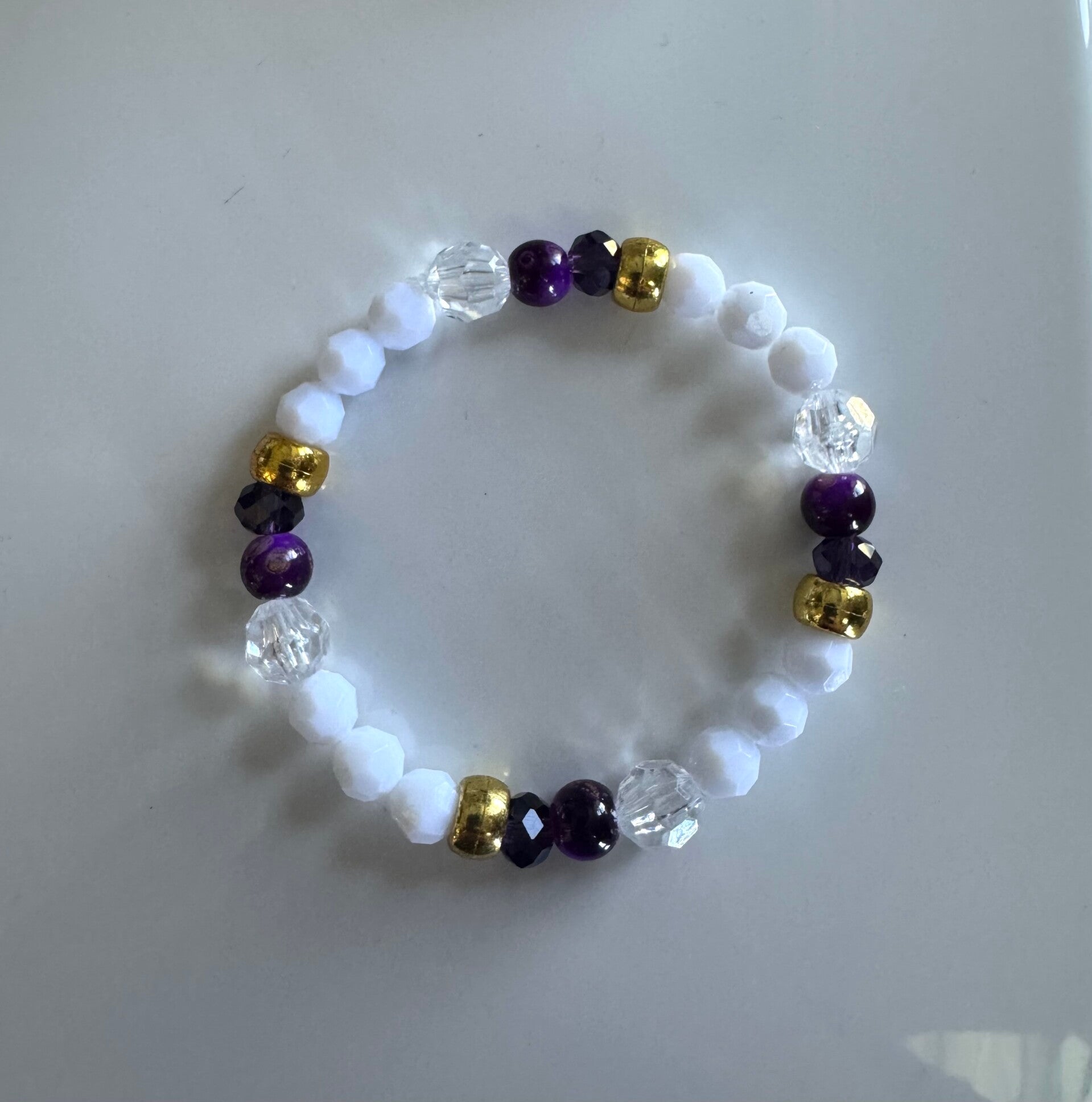White, Purple, and Gold Beaded Stretch Bracelet