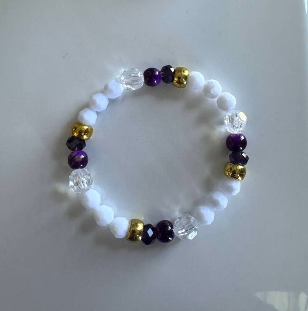 White, Purple, and Gold Beaded Stretch Bracelet
