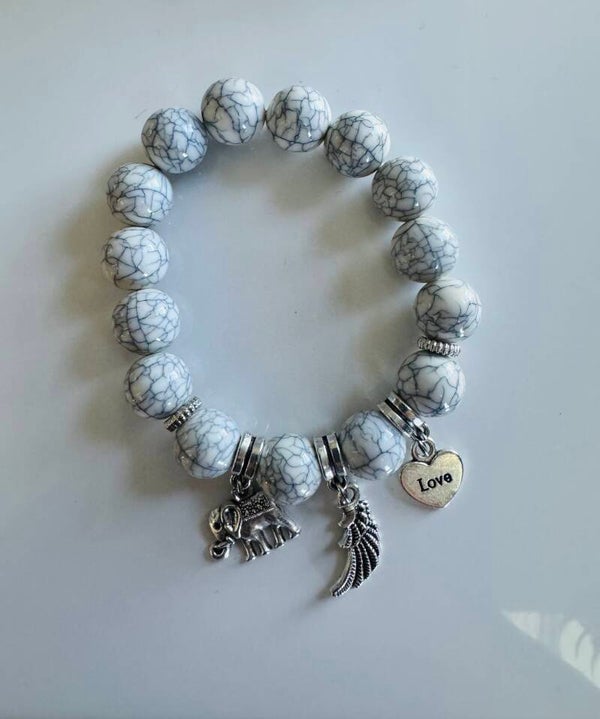 White Marble Beaded Bracelet with Charms