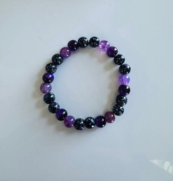 Purple Amethyst and Snowflake Obsidian Beaded Bracelet