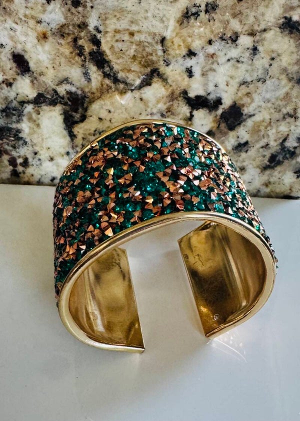 Gold Cuff Bracelet with Emerald Green and Bronze Crystals