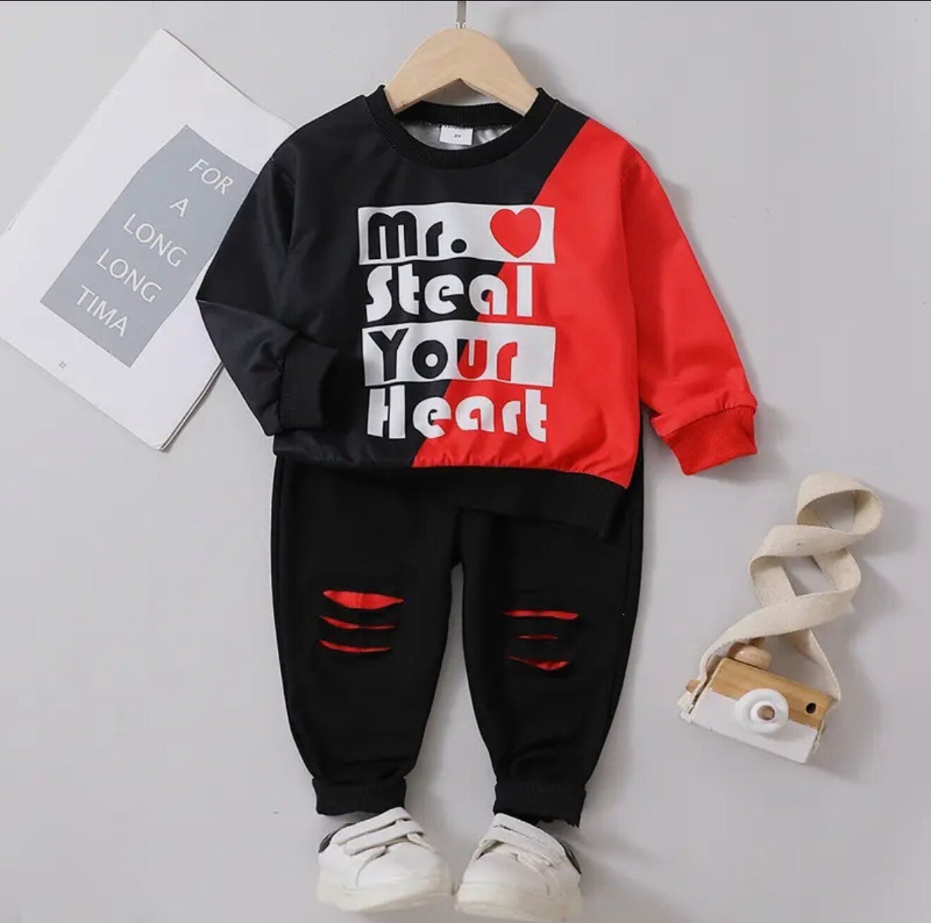 Boys’ Black and Red “Mr. Steal Your Heart” Sweatshirt and Pants Set
