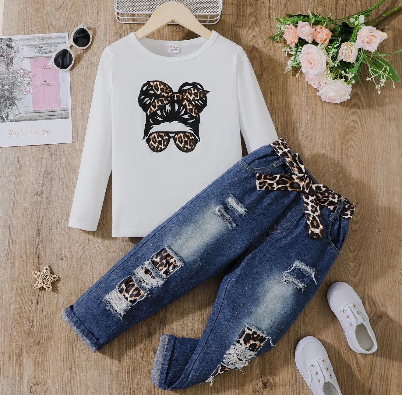 Girls’ White Long-Sleeve Top with Leopard Print Accents and Distressed Jeans Set