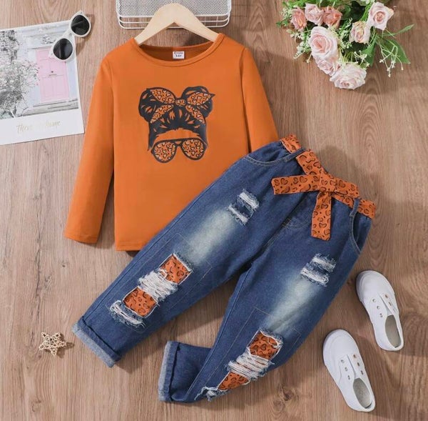 Girls’ Orange Long-Sleeve Top with Bow Print and Distressed Jeans Set