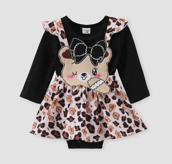 Baby Girl Bear Print Dress with Leopard Skirt and Bodysuit