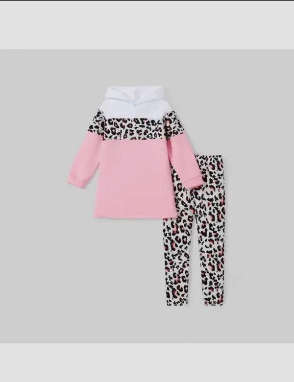 Girls’ Pink Hoodie Top and Leopard Print Leggings Set