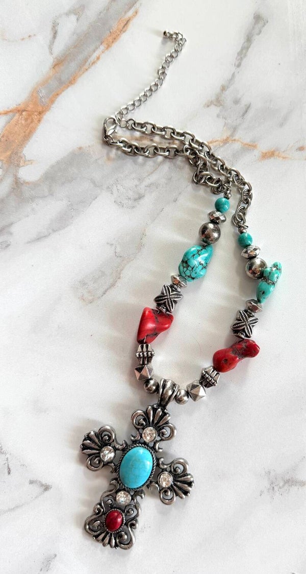 Southwestern Turquoise and Coral Cross Pendant Necklace