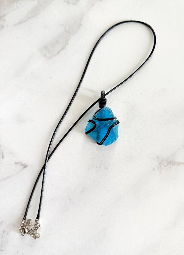Blue Raw Crystal Wire-Wrapped Pendant Necklace