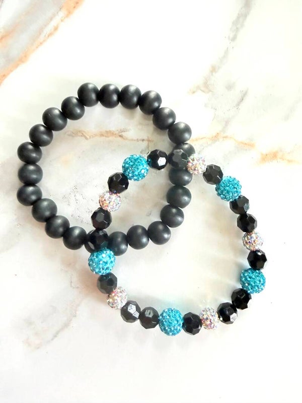 Black and Aqua Blue Crystal Beaded Bracelets Set