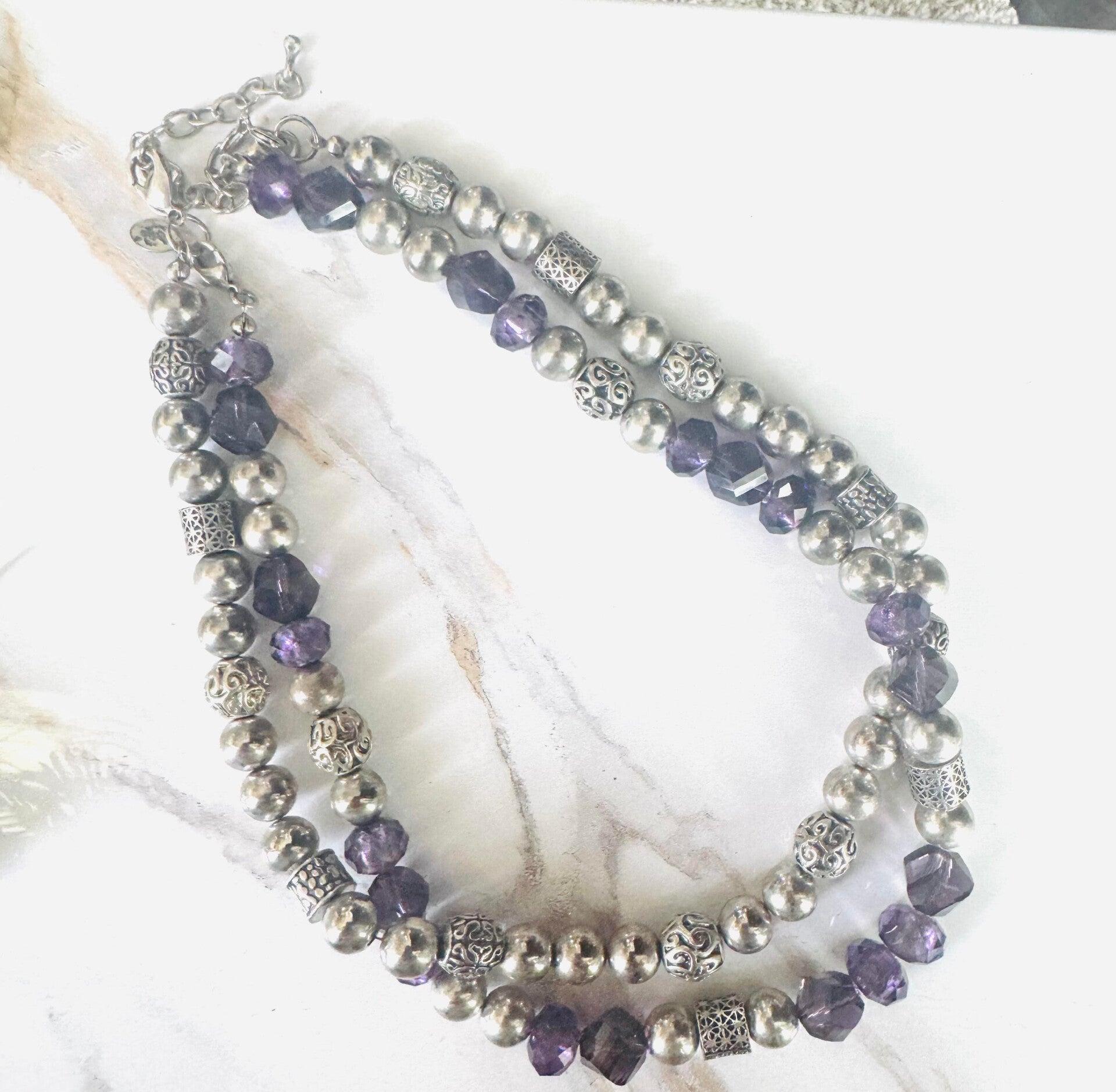 Double-Strand Amethyst & Silver Beaded Necklace – Elegant Statement Piece