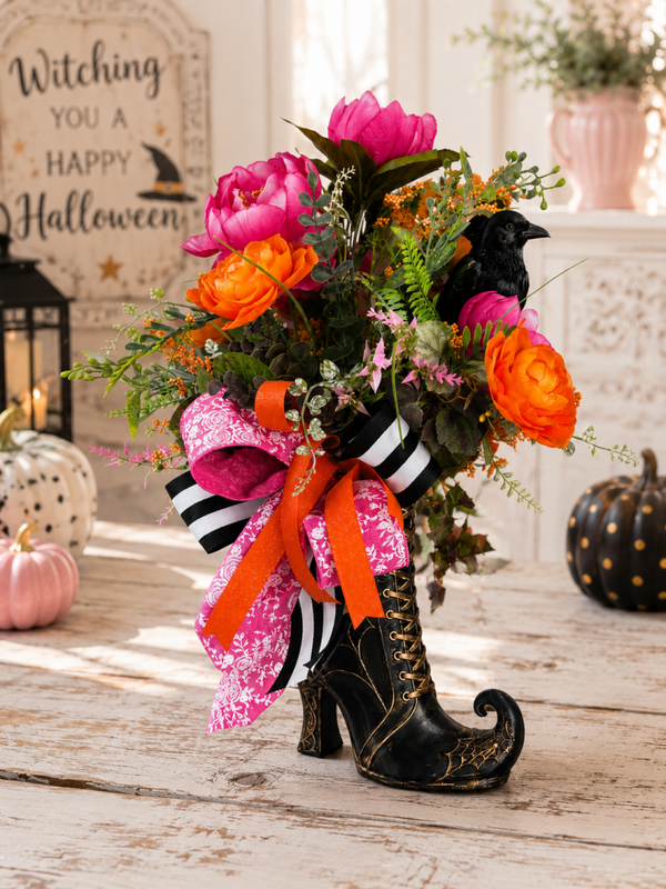 Witchy Halloween Floral Boot Arrangement