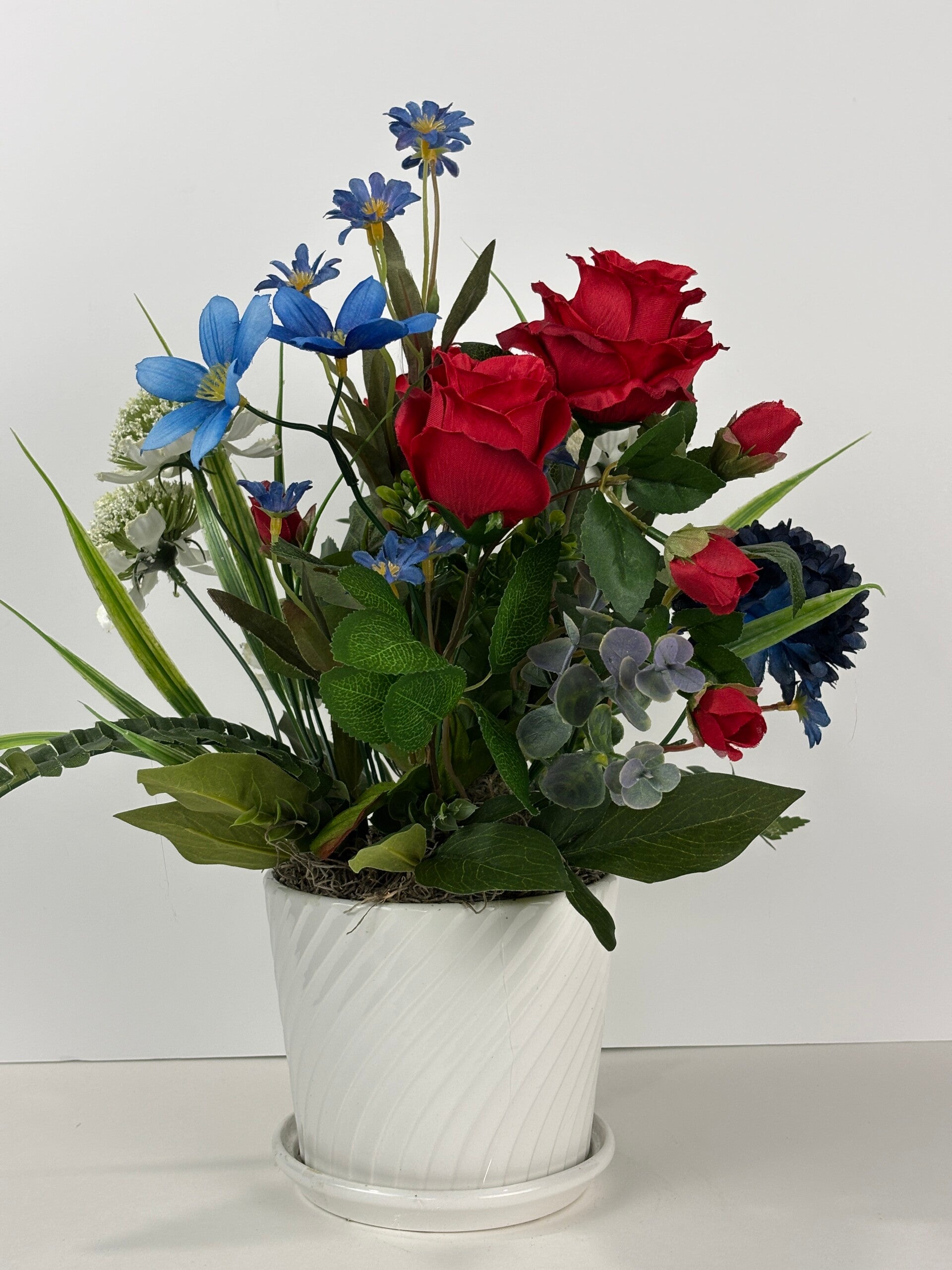 Red White and Blue Silk Floral Arrangement, Handmade Table Centerpiece, Patriotic Home Decor