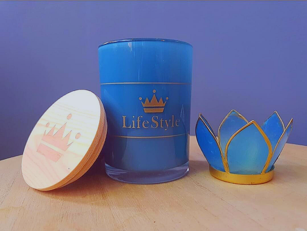 Combinatie pakket CrownLifestyle Fresh linnen houtlont Kaars + blauwe lotus waxinelicht houder