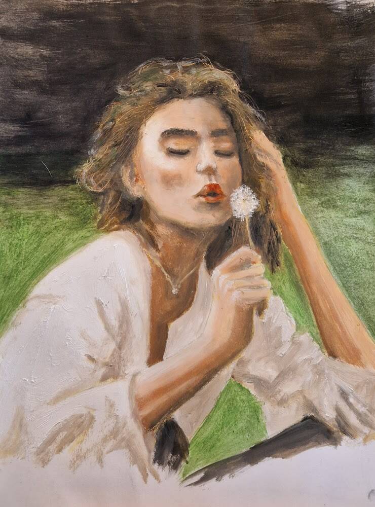 'girl with dandelion' olie op canvas  27*42