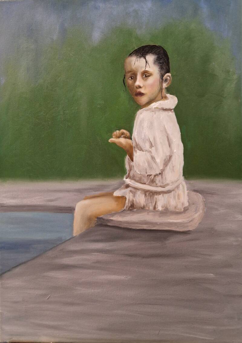 'littel girl at the pool 2-5' olie op canvas 70*50