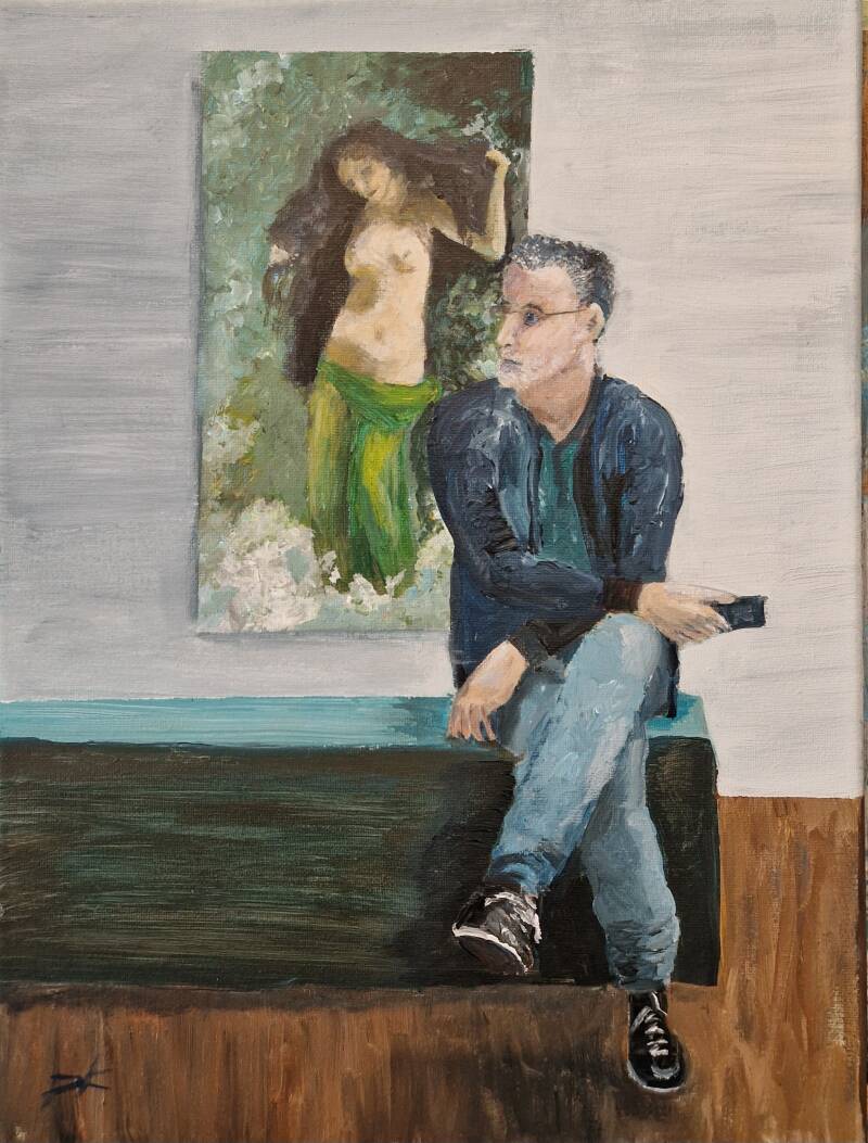'listening to the museum audio tour' acryl op canvas 30*40