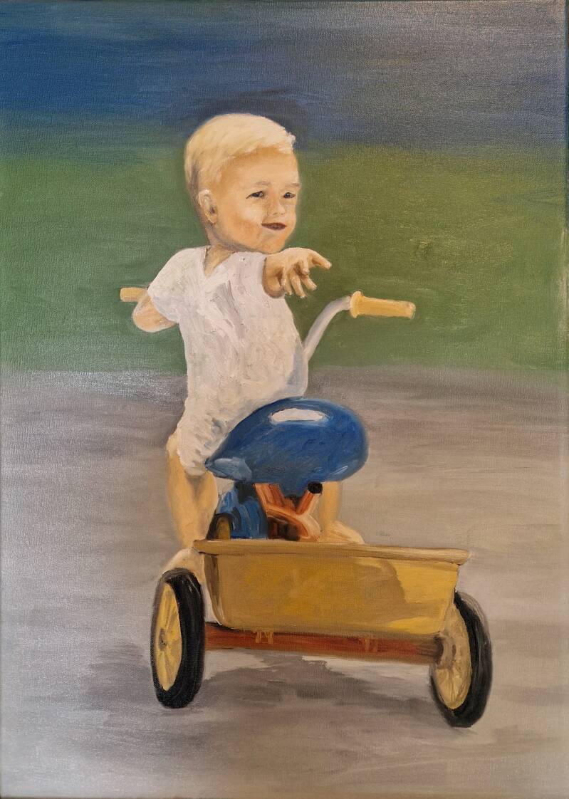 'little boy looking back on tricycle 4-5' olie op canvas 70*50