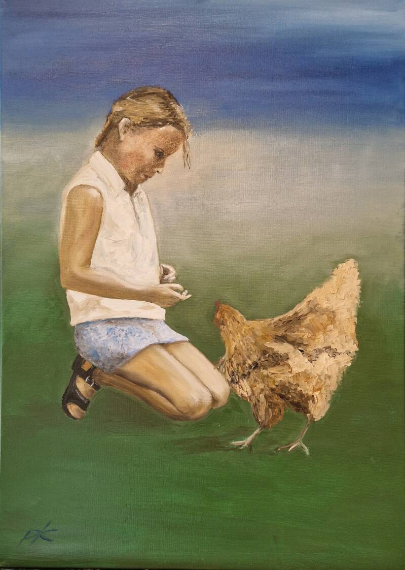 'little girl with chiken 5-5'  olie op canvas 70*50