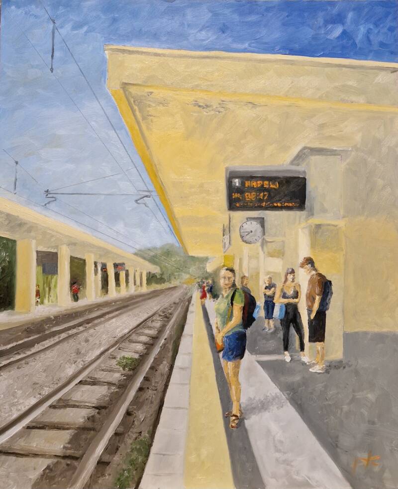 'waiting for the morning train' olie op paneel 60*50