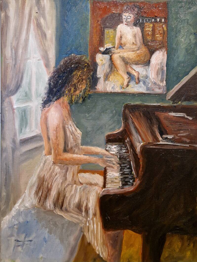 'playing the piano in the morning (andre romijn0' olie op canvas 50*40