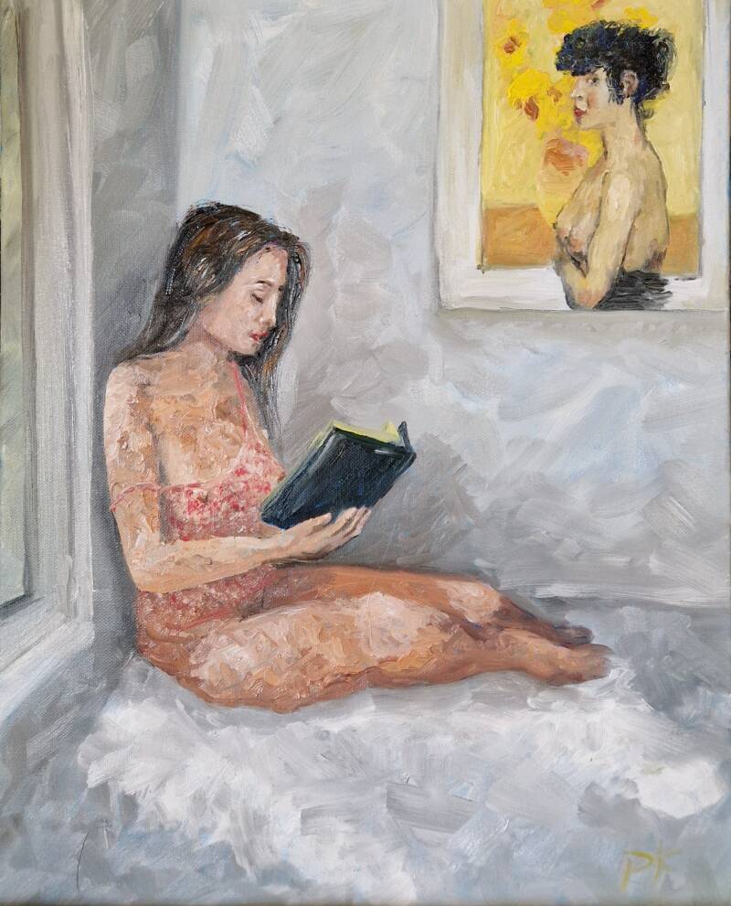 'reading by the window (i Israels) ' olie op canvas 50x40