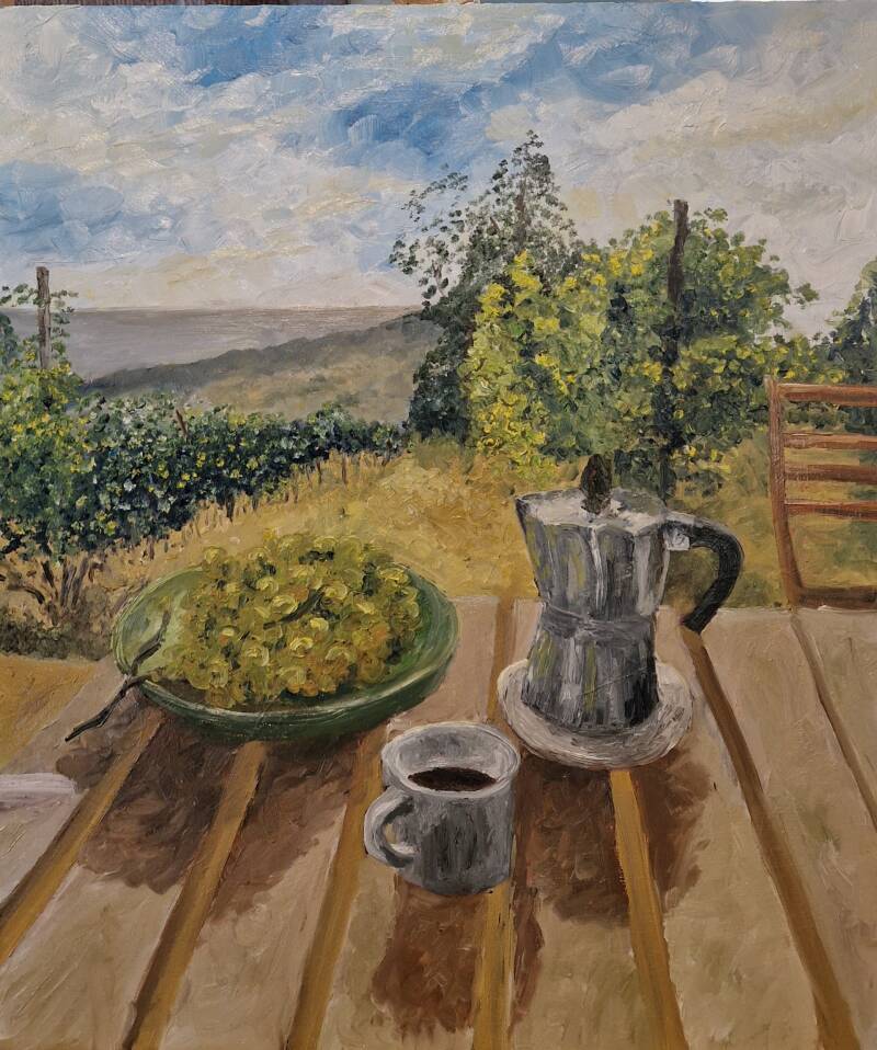 'Italian grapes and coffee' olie op paneel 60*50