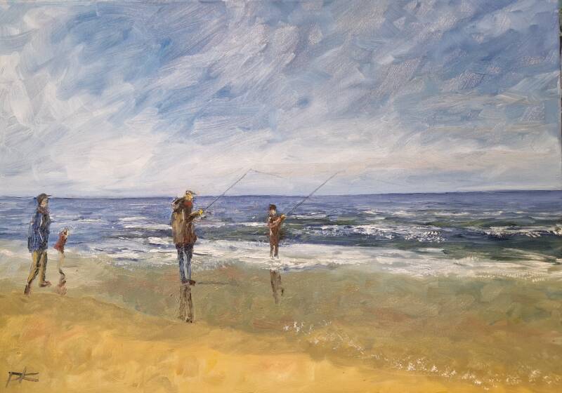 'spring fishing at the beach' olie op canvas 70*50