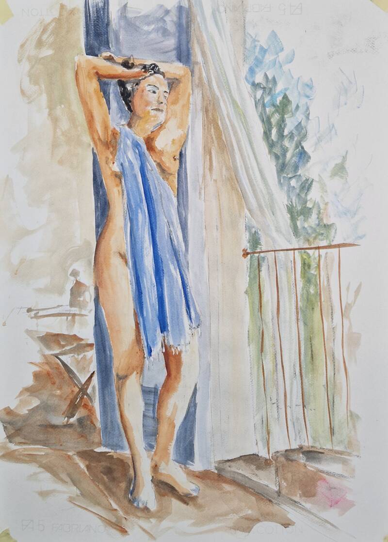 'woman  with bleu cloth' olie op papier 70*50