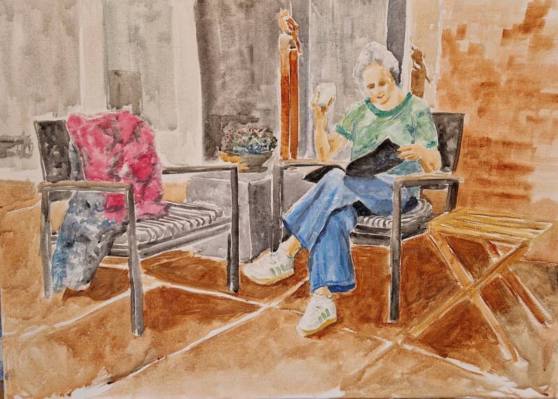 'woman with green knit top' cobra olie op canvas 70*50