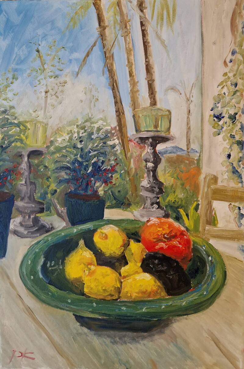 'fruitbowl on the terrace table' olie op canvas 60*40