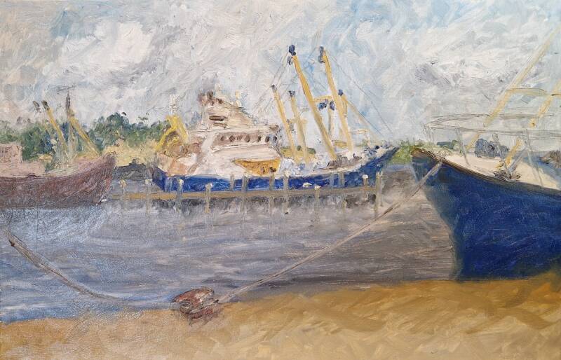 'vissershaven Stellendam (en plein air)' olie op canvas 60*40