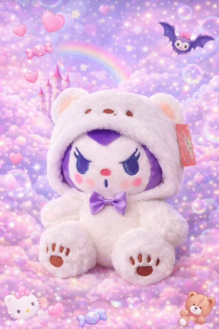 🖤🐰🧸✨ Peluche Kuromi Kawaii en Costume Ours Blanc – 20 cm 🤍💜🌈