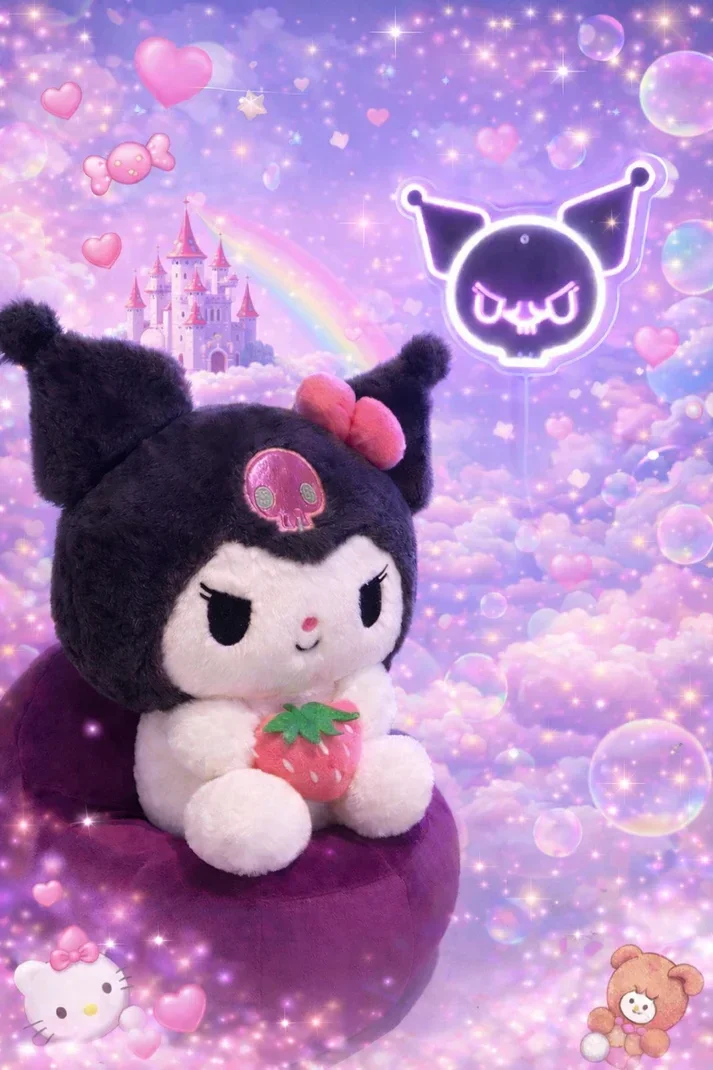 🖤🐰🍓✨ Peluche Kuromi Kawaii avec Fraise – 27 cm 💜🌸🌈