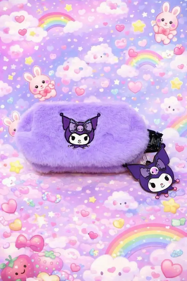 💜🐰✨ Trousse Kuromi Kawaii Violette en Fausse Fourrure 🖤🌈