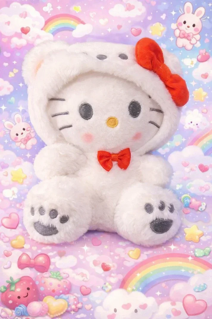 🤍🐱🧸✨ Peluche Hello Kitty en Costume Ourson Blanc 🎀💖
