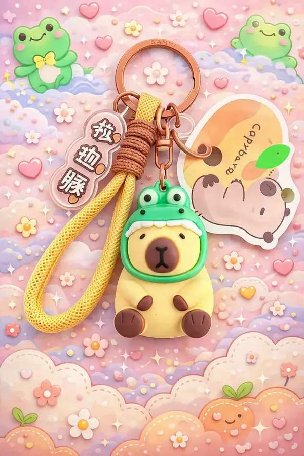 Porte-clé capybara bonnet grenouile