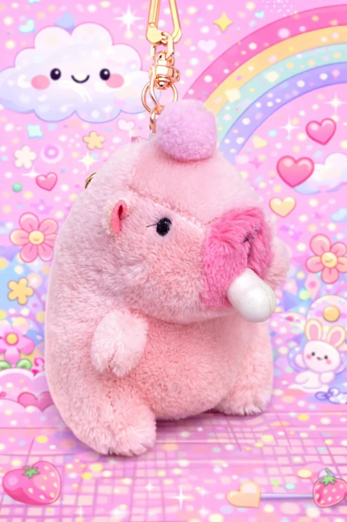 Porte-clé capybara kawaii rose avec biberon et pompon