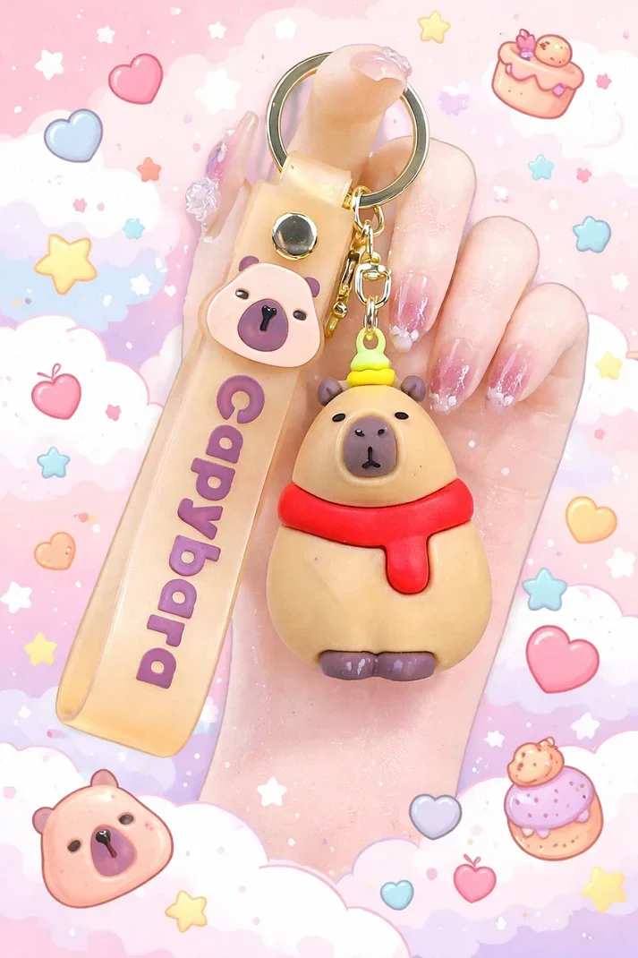 🐹✨ Porte-clé Capybara Marron avec Écharpe Rouge 🧣💖