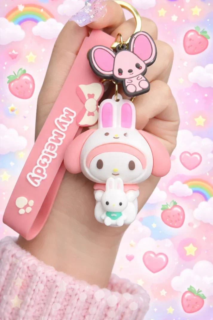 Porte-clé My Melody kawaii rose avec dragonne assortie