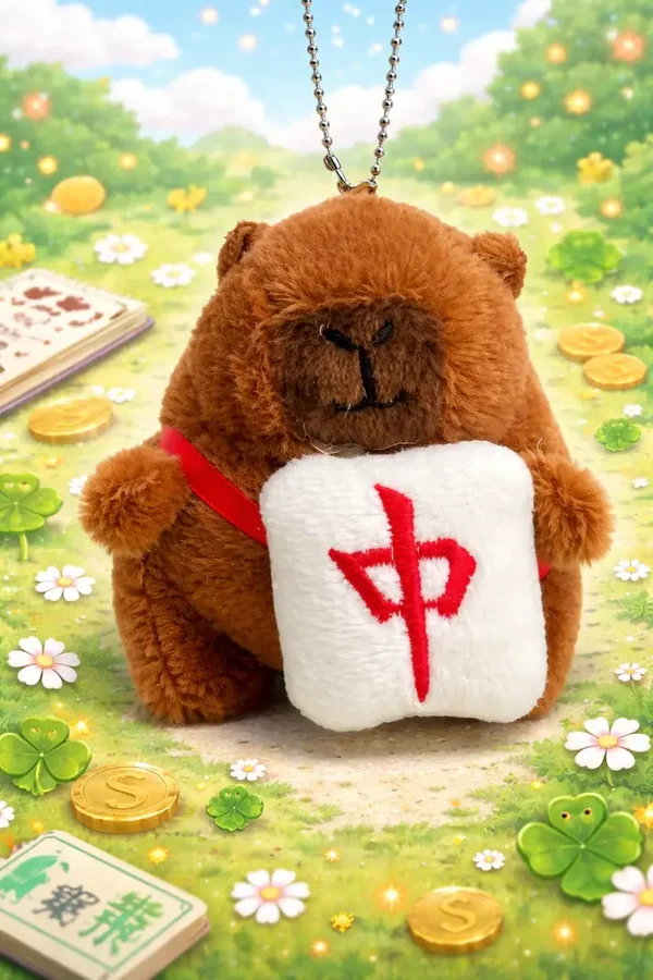 Porte-clé capybara kawaii peluche avec mahjong porte-bonheur