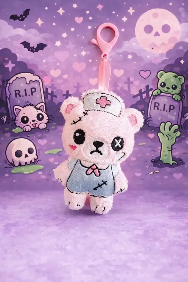 🧸🧟‍♀️💉💗✨ Porte-clé Ourson Infirmier Zombie Kawaii Rose 🌸💀