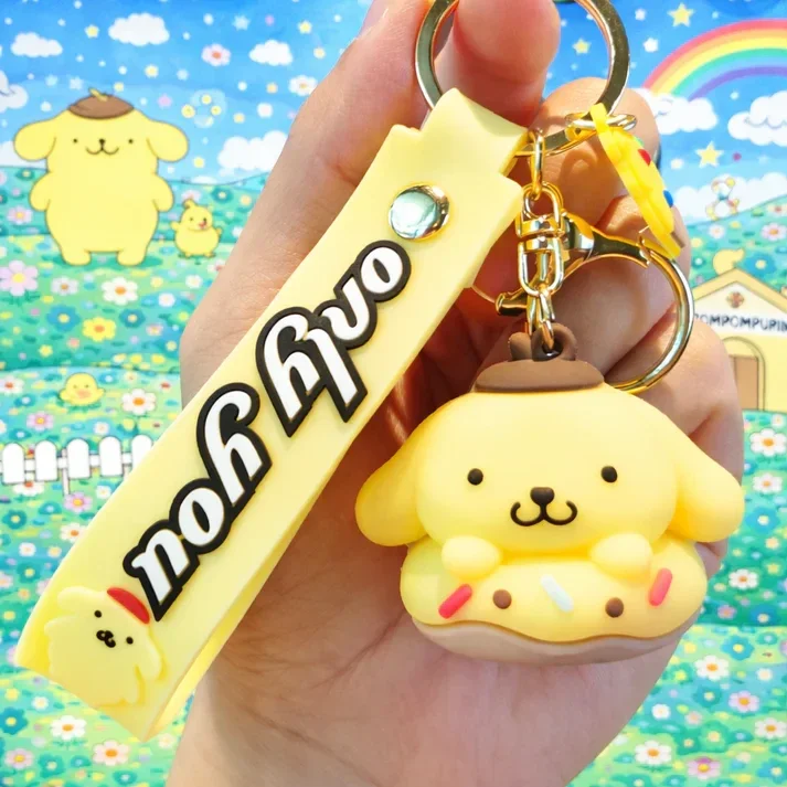 Porte-clé Pompompurin kawaii donut jaune avec dragonne assortie