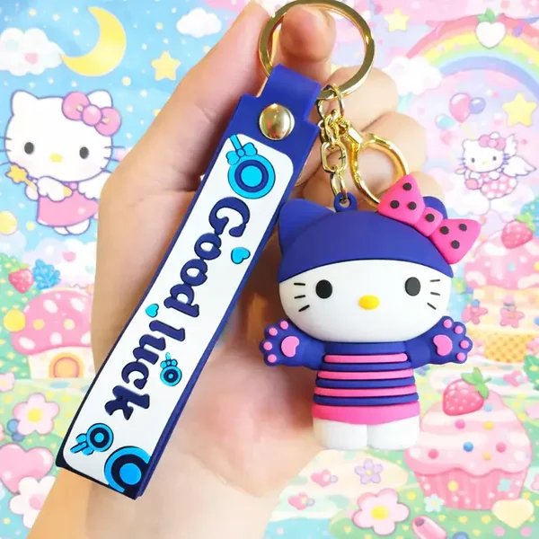 Porte-clé Hello Kitty kawaii avec dragonne “Good Luck” bleu & rose