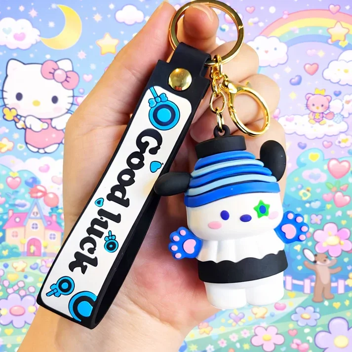 Porte-clé Pacha Dog kawaii bleu avec dragonne “Good Luck”