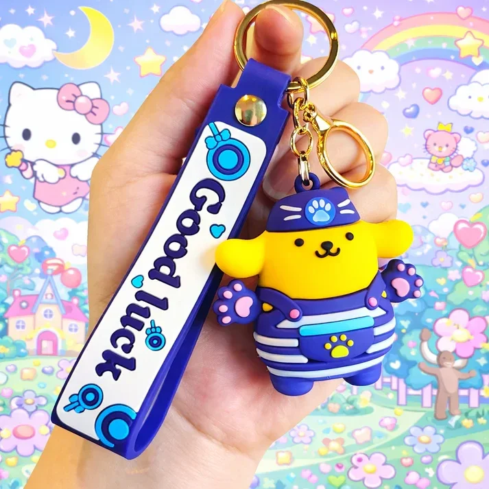 Porte-clé Pompompurin kawaii jaune avec dragonne “Good Luck”