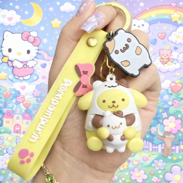 Porte-clé Pompompurin kawaii Hug Style jaune avec dragonne assortie